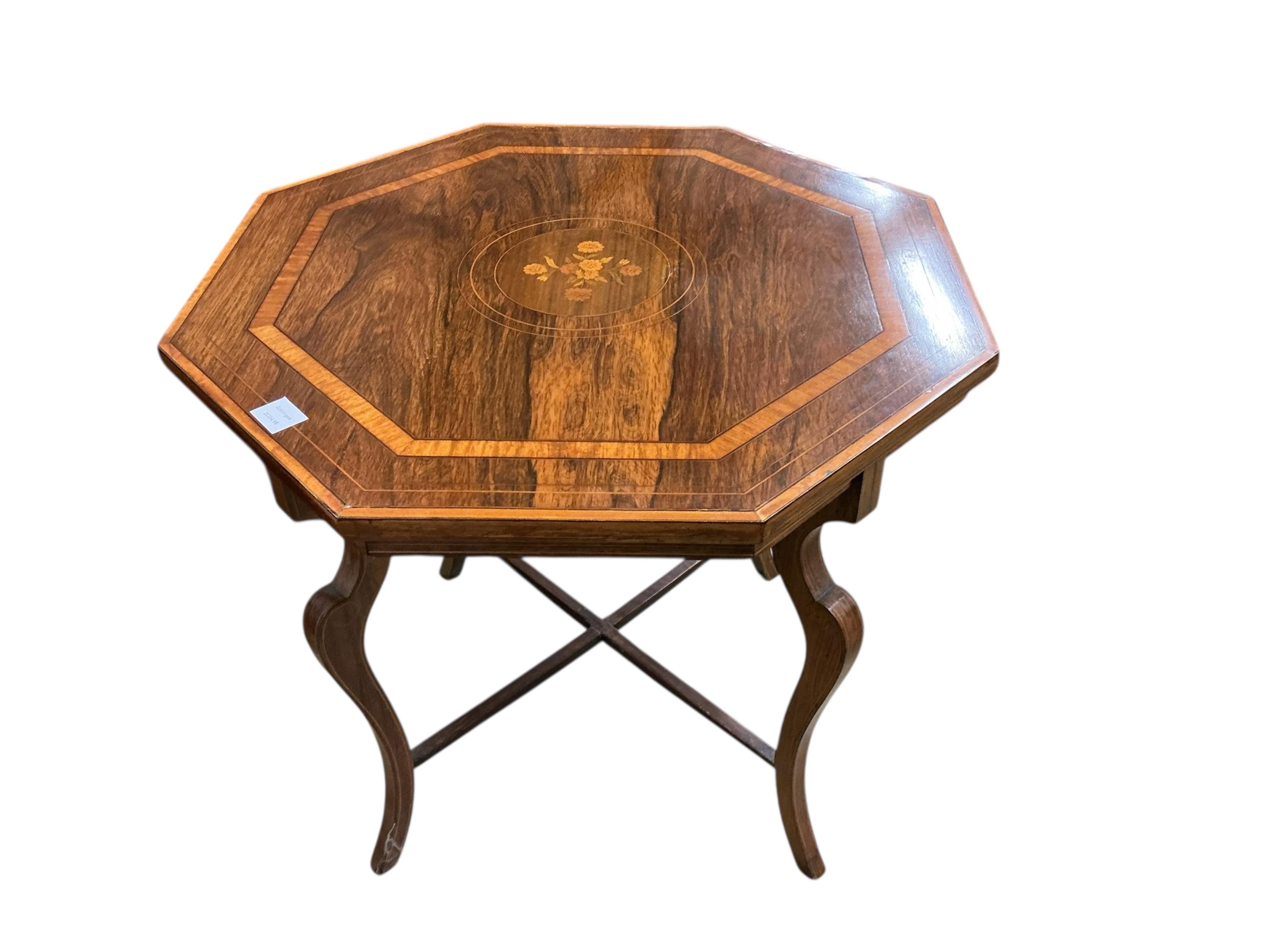 An Edwardian marquetry inlaid satinwood banded octagonal rosewood centre table, width 76cm, height 69cm